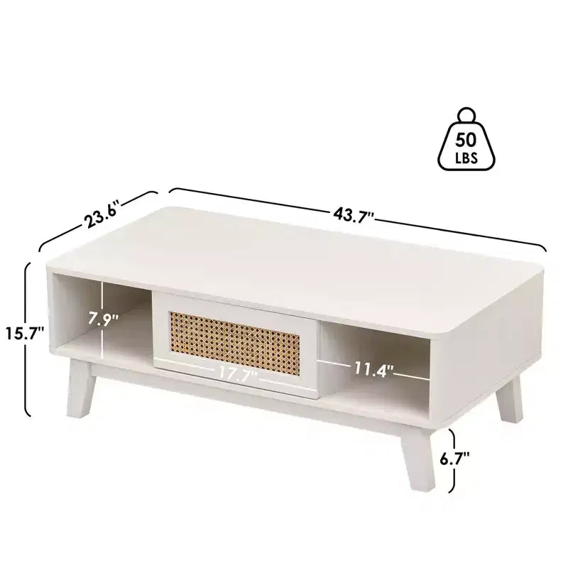 MAYEERTY 44in White Modern Square Wooden Coffee Table With Rattan Drawer for Living Room
