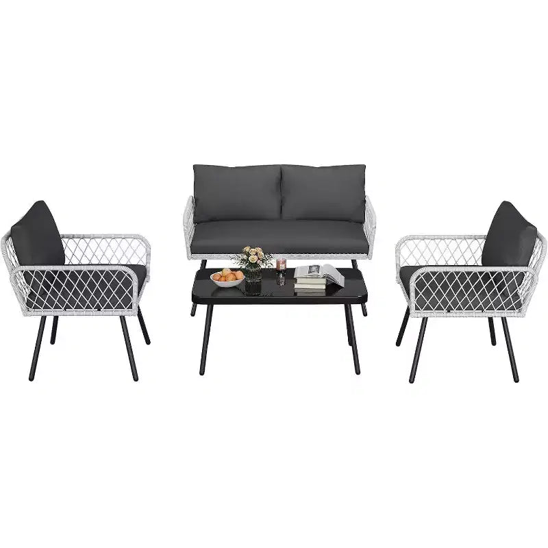 Ensemble de meubles de patio Acekool 3 pièces avec 2 chaises et causeuse en rotin PE, table basse en verre, sièges extérieurs avec coussins pour balcon et jardin