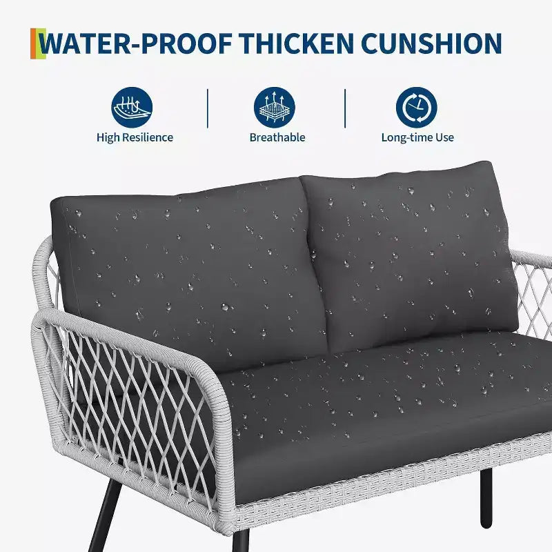 Ensemble de meubles de patio Acekool 3 pièces avec 2 chaises et causeuse en rotin PE, table basse en verre, sièges extérieurs avec coussins pour balcon et jardin