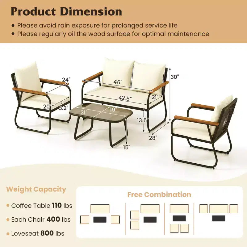 Costway Ensemble mobilier de jardin 4/8 pièces avec table basse en verre trempé Chaises en rotin d'osier PE