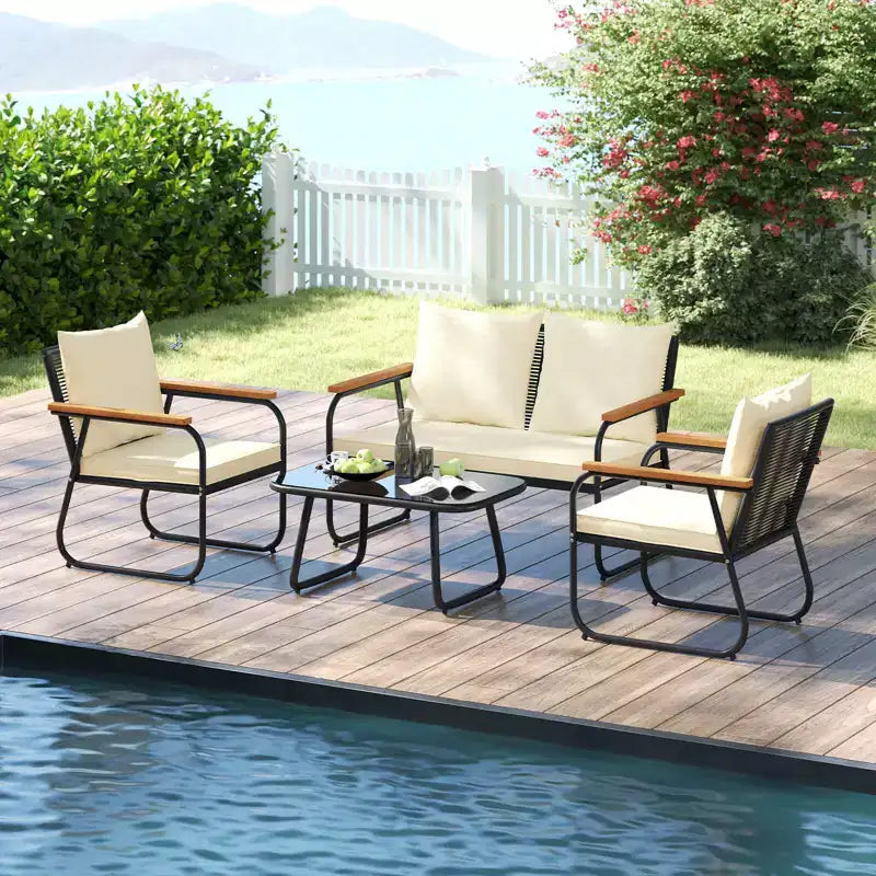 Costway Ensemble mobilier de jardin 4/8 pièces avec table basse en verre trempé Chaises en rotin d'osier PE
