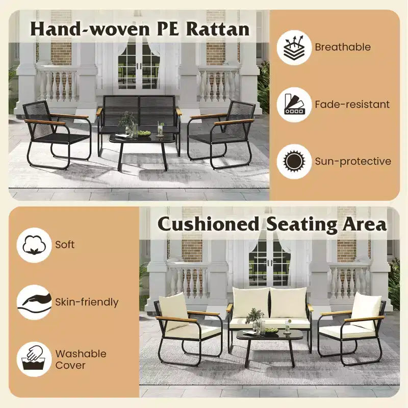 Costway Ensemble mobilier de jardin 4/8 pièces avec table basse en verre trempé Chaises en rotin d'osier PE