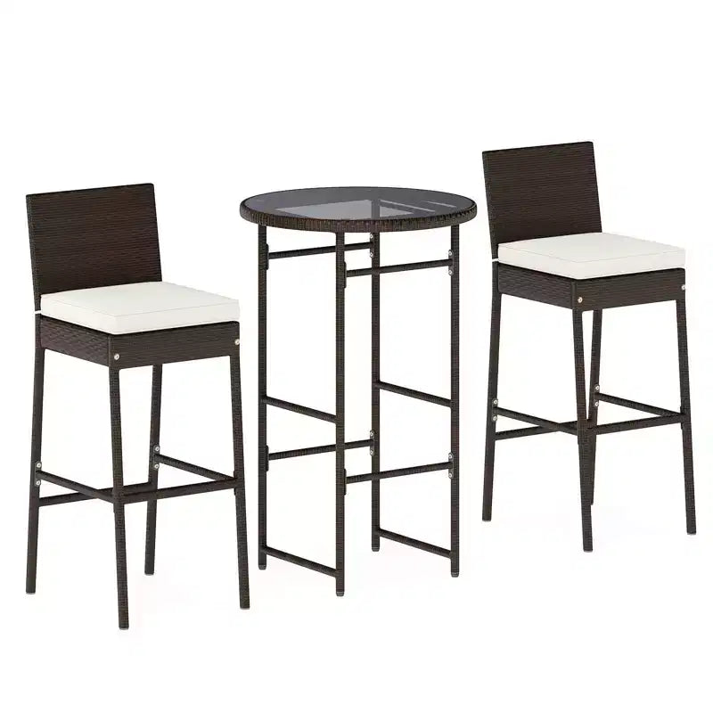 Ensemble de bar d'extérieur 3 pièces Costway Table haute et chaises en rotin de patio avec plateau en verre