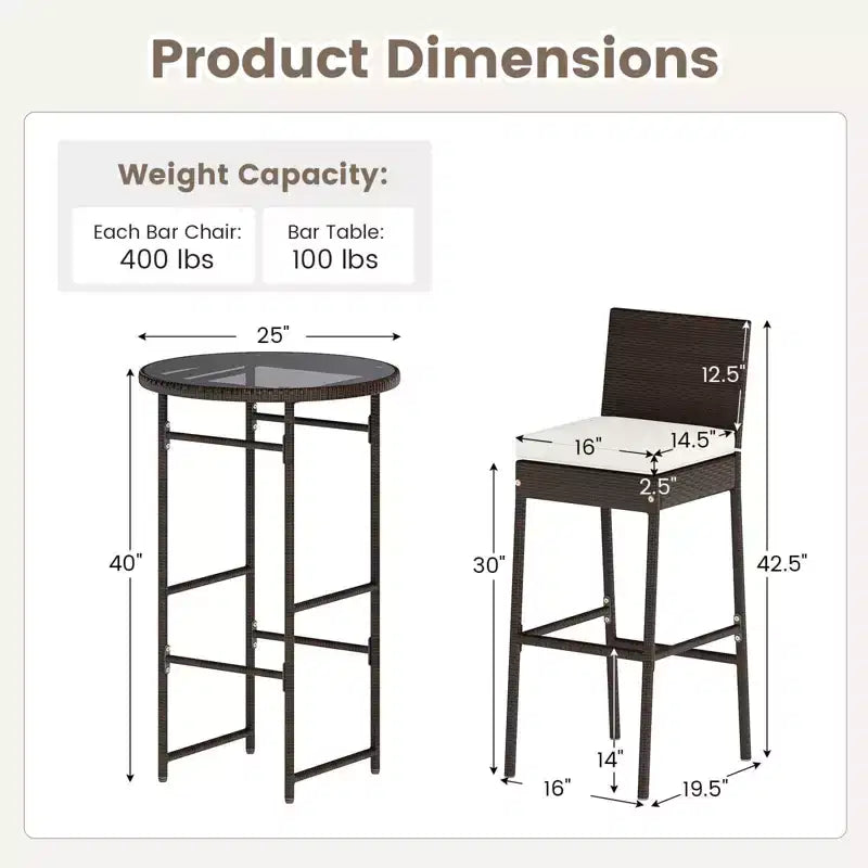 Ensemble de bar d'extérieur 3 pièces Costway Table haute et chaises en rotin de patio avec plateau en verre