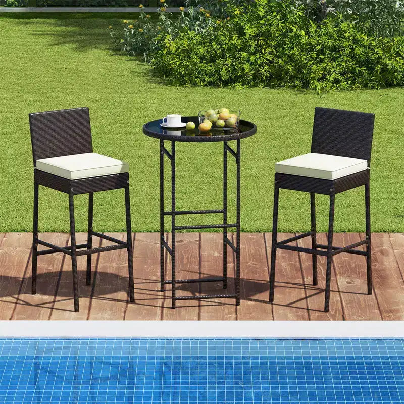 Ensemble de bar d'extérieur 3 pièces Costway Table haute et chaises en rotin de patio avec plateau en verre