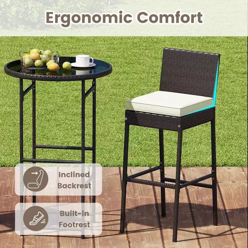 Ensemble de bar d'extérieur 3 pièces Costway Table haute et chaises en rotin de patio avec plateau en verre