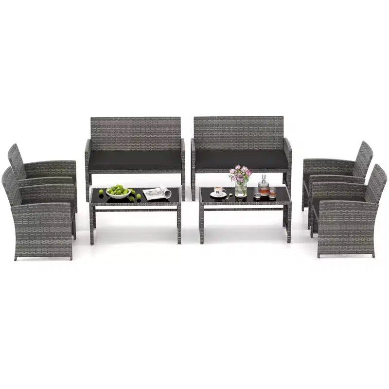 Costway Salon de jardin 8 pièces avec coussins d'assise et plateau de table en verre trempé, Extérieur Rouge/Noir/Blanc cassé/Gris/Turquoise/Bleu marine