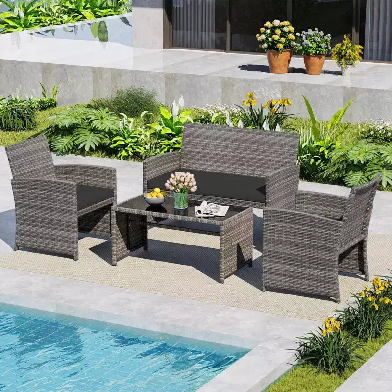 Costway Salon de jardin 8 pièces avec coussins d'assise et plateau de table en verre trempé, Extérieur Rouge/Noir/Blanc cassé/Gris/Turquoise/Bleu marine