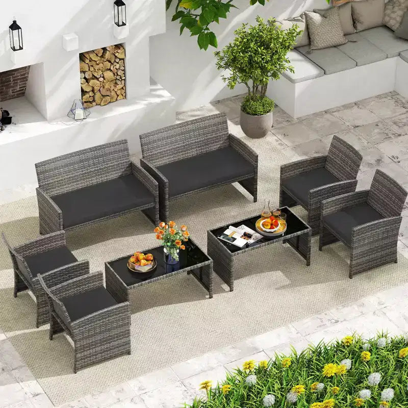 Costway Salon de jardin 8 pièces avec coussins d'assise et plateau de table en verre trempé, Extérieur Rouge/Noir/Blanc cassé/Gris/Turquoise/Bleu marine