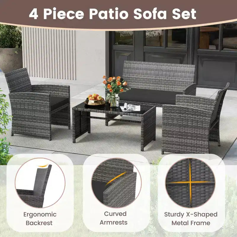 Costway Salon de jardin 8 pièces avec coussins d'assise et plateau de table en verre trempé, Extérieur Rouge/Noir/Blanc cassé/Gris/Turquoise/Bleu marine