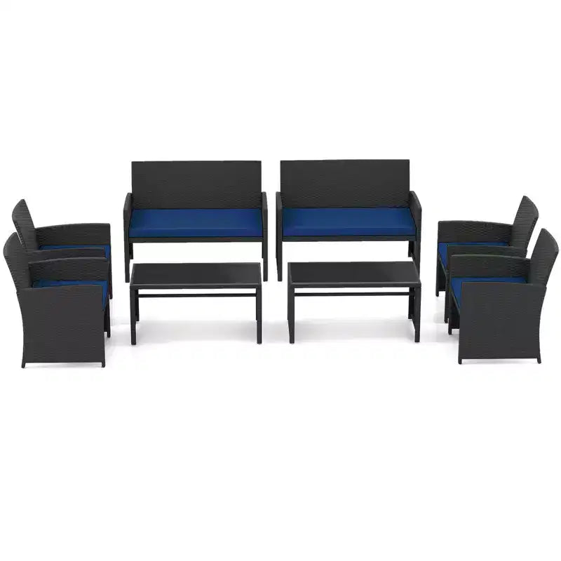 Costway Salon de jardin 8 pièces avec coussins d'assise et plateau de table en verre trempé, Extérieur Rouge/Noir/Blanc cassé/Gris/Turquoise/Bleu marine