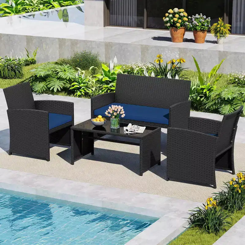 Costway Salon de jardin 8 pièces avec coussins d'assise et plateau de table en verre trempé, Extérieur Rouge/Noir/Blanc cassé/Gris/Turquoise/Bleu marine