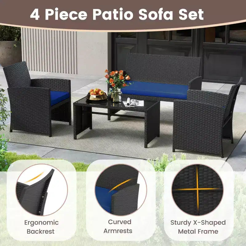 Costway Salon de jardin 8 pièces avec coussins d'assise et plateau de table en verre trempé, Extérieur Rouge/Noir/Blanc cassé/Gris/Turquoise/Bleu marine