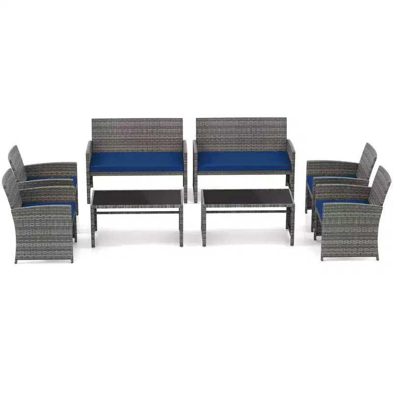 Costway Salon de jardin 8 pièces avec coussins d'assise et plateau de table en verre trempé, Extérieur Rouge/Noir/Blanc cassé/Gris/Turquoise/Bleu marine