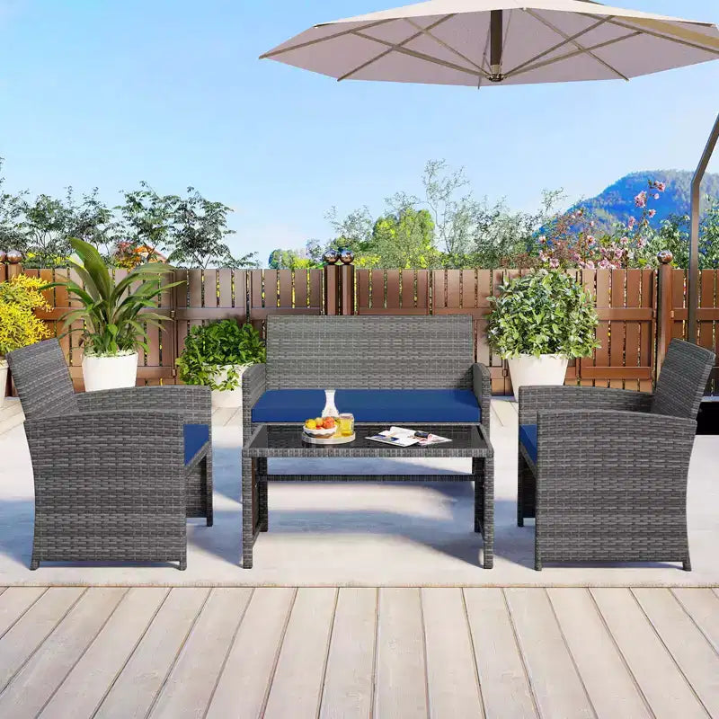 Costway Salon de jardin 8 pièces avec coussins d'assise et plateau de table en verre trempé, Extérieur Rouge/Noir/Blanc cassé/Gris/Turquoise/Bleu marine