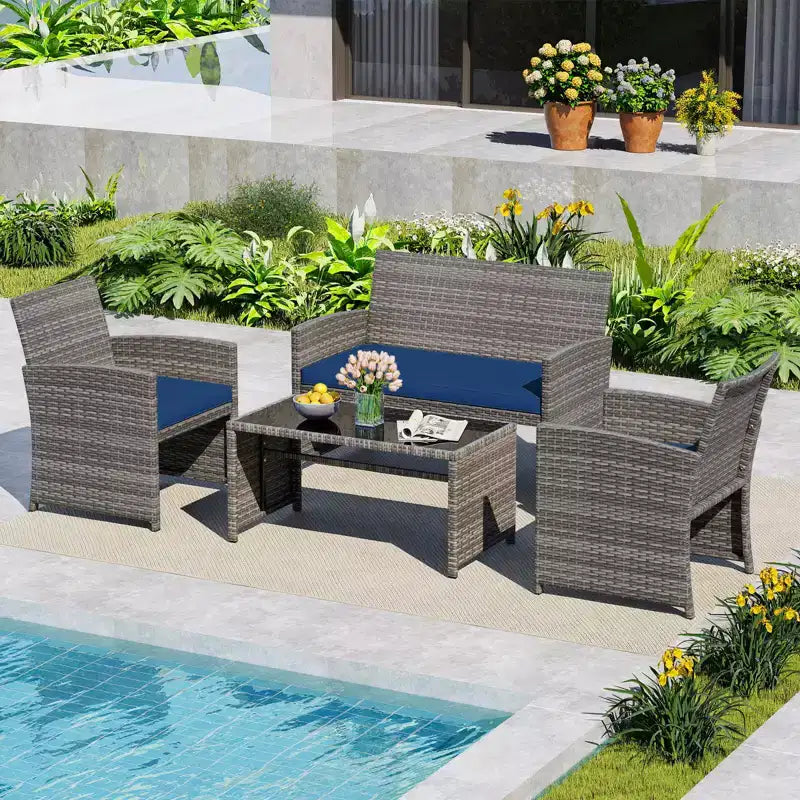 Costway Salon de jardin 8 pièces avec coussins d'assise et plateau de table en verre trempé, Extérieur Rouge/Noir/Blanc cassé/Gris/Turquoise/Bleu marine