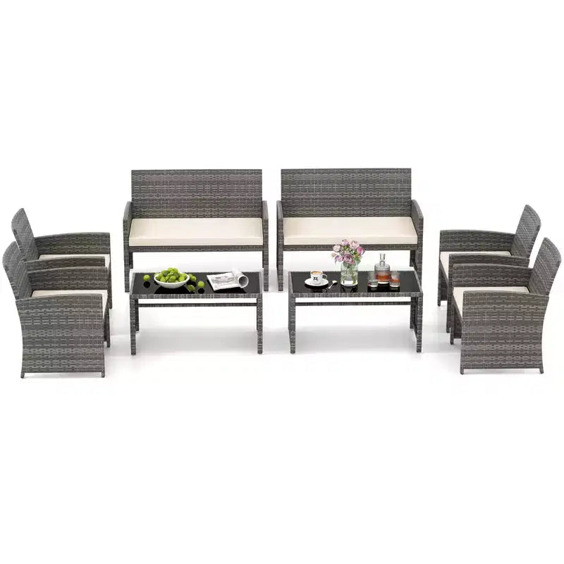 Costway Salon de jardin 8 pièces avec coussins d'assise et plateau de table en verre trempé, Extérieur Rouge/Noir/Blanc cassé/Gris/Turquoise/Bleu marine