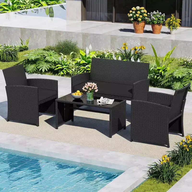 Costway Salon de jardin 8 pièces avec coussins d'assise et plateau de table en verre trempé, Extérieur Rouge/Noir/Blanc cassé/Gris/Turquoise/Bleu marine