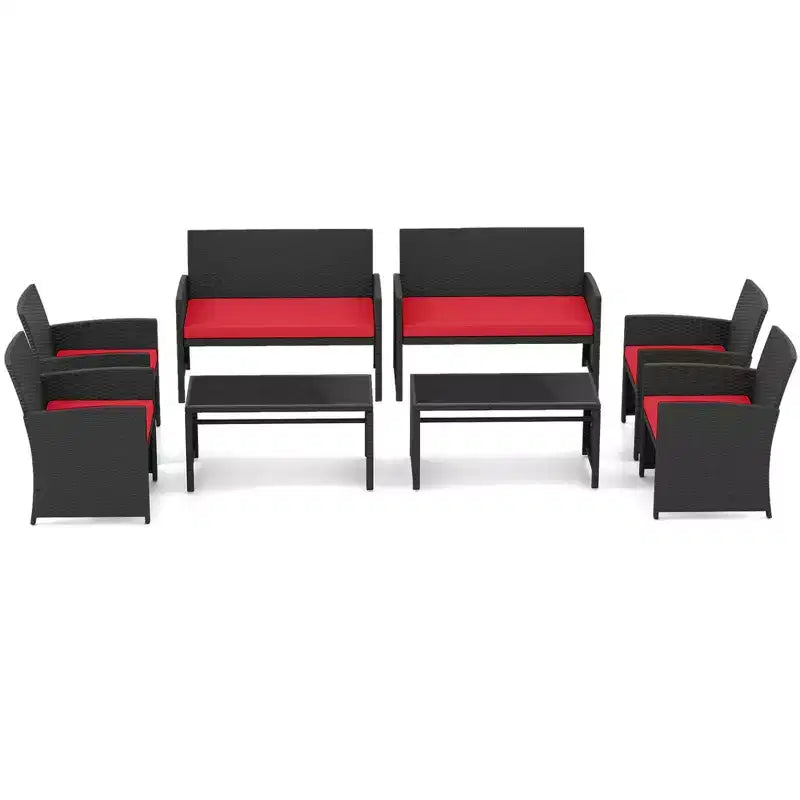 Costway Salon de jardin 8 pièces avec coussins d'assise et plateau de table en verre trempé, Extérieur Rouge/Noir/Blanc cassé/Gris/Turquoise/Bleu marine