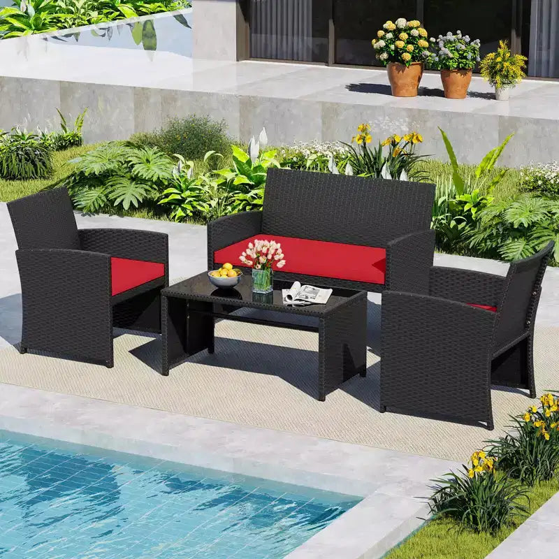 Costway Salon de jardin 8 pièces avec coussins d'assise et plateau de table en verre trempé, Extérieur Rouge/Noir/Blanc cassé/Gris/Turquoise/Bleu marine