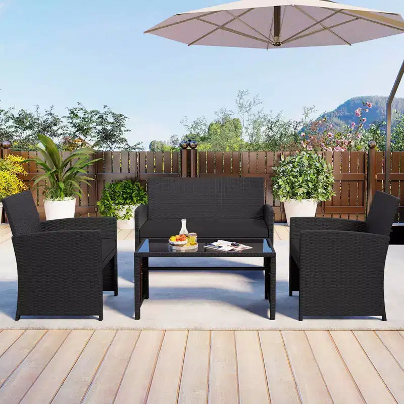 Costway Salon de jardin 8 pièces avec coussins d'assise et plateau de table en verre trempé, Extérieur Rouge/Noir/Blanc cassé/Gris/Turquoise/Bleu marine