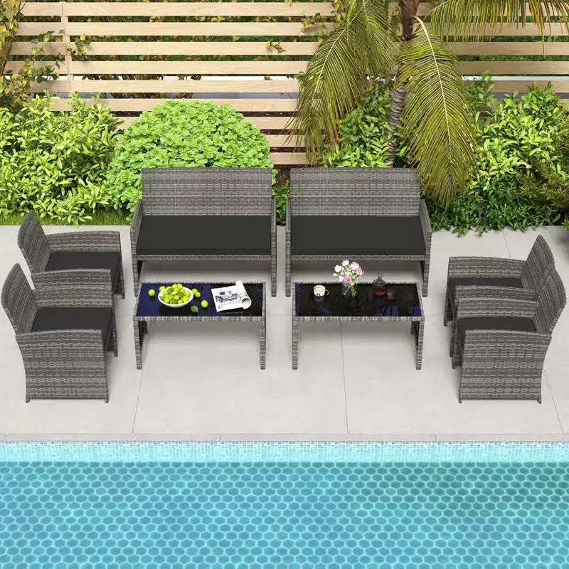 Costway Salon de jardin 8 pièces avec coussins d'assise et plateau de table en verre trempé, Extérieur Rouge/Noir/Blanc cassé/Gris/Turquoise/Bleu marine