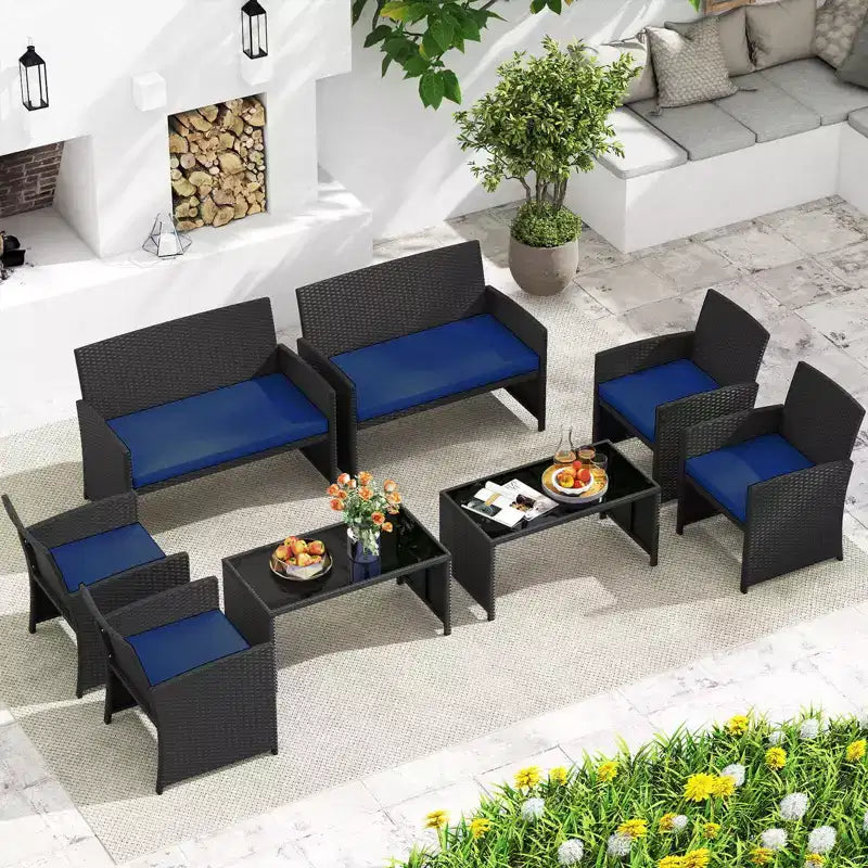 Costway Salon de jardin 8 pièces avec coussins d'assise et plateau de table en verre trempé, Extérieur Rouge/Noir/Blanc cassé/Gris/Turquoise/Bleu marine