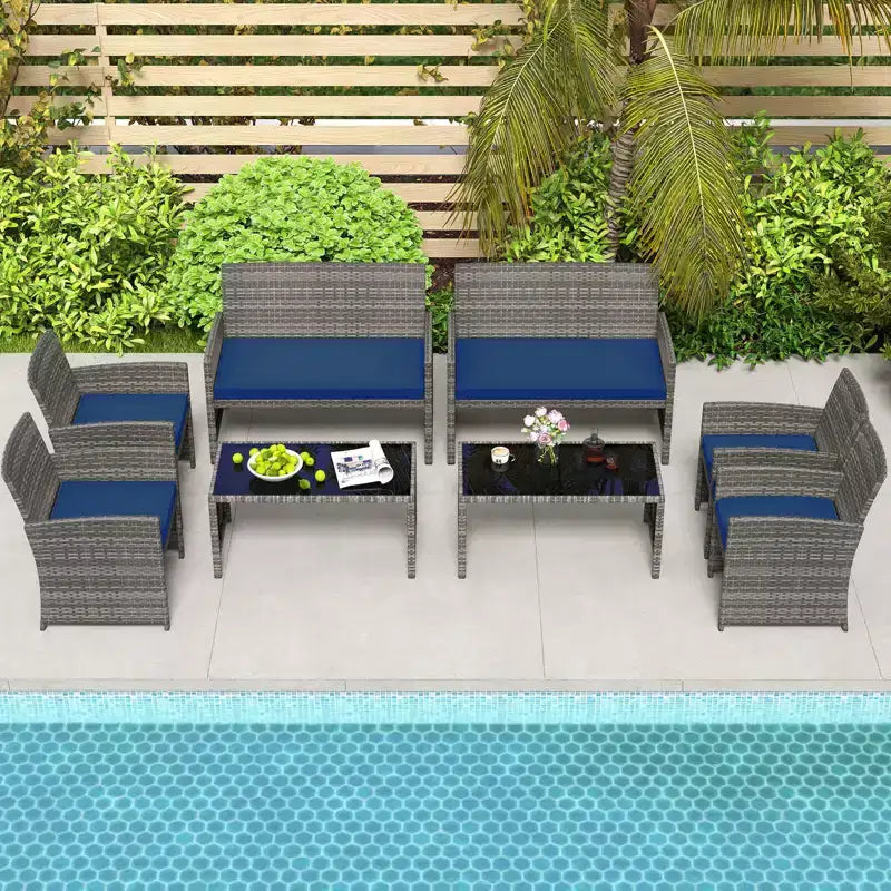 Costway Salon de jardin 8 pièces avec coussins d'assise et plateau de table en verre trempé, Extérieur Rouge/Noir/Blanc cassé/Gris/Turquoise/Bleu marine