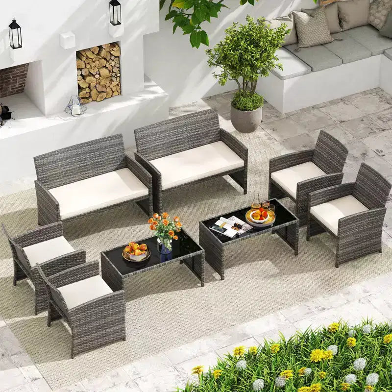 Costway Salon de jardin 8 pièces avec coussins d'assise et plateau de table en verre trempé, Extérieur Rouge/Noir/Blanc cassé/Gris/Turquoise/Bleu marine