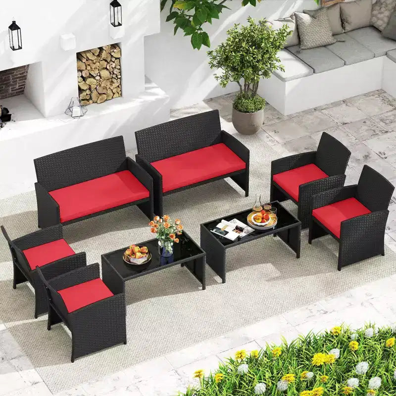 Costway Salon de jardin 8 pièces avec coussins d'assise et plateau de table en verre trempé, Extérieur Rouge/Noir/Blanc cassé/Gris/Turquoise/Bleu marine