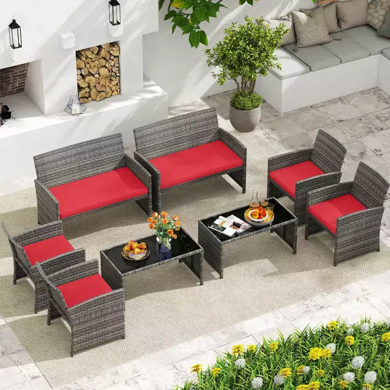 Costway Salon de jardin 8 pièces avec coussins d'assise et plateau de table en verre trempé, Extérieur Rouge/Noir/Blanc cassé/Gris/Turquoise/Bleu marine