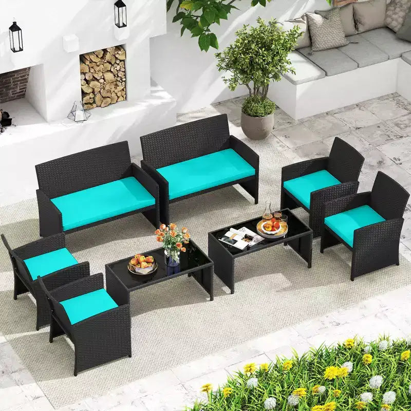 Costway Salon de jardin 8 pièces avec coussins d'assise et plateau de table en verre trempé, Extérieur Rouge/Noir/Blanc cassé/Gris/Turquoise/Bleu marine