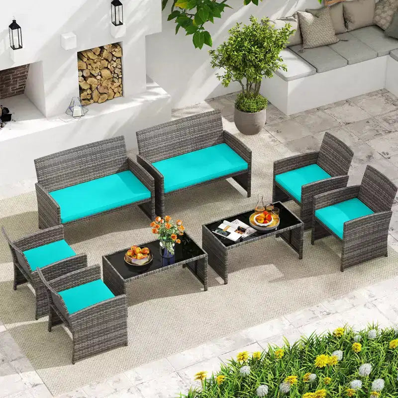 Costway Salon de jardin 8 pièces avec coussins d'assise et plateau de table en verre trempé, Extérieur Rouge/Noir/Blanc cassé/Gris/Turquoise/Bleu marine