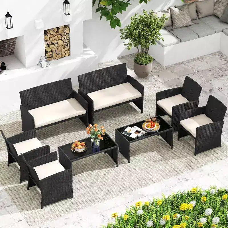 Costway Salon de jardin 8 pièces avec coussins d'assise et plateau de table en verre trempé, Extérieur Rouge/Noir/Blanc cassé/Gris/Turquoise/Bleu marine