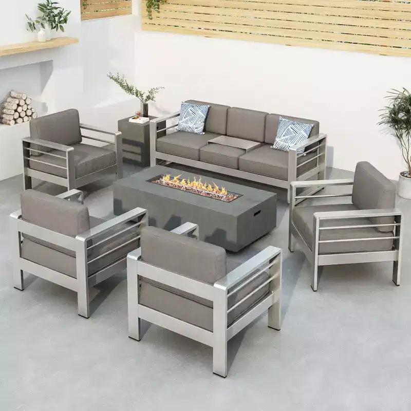 Christopher Knight Home Cape Coral Salon de jardin 7 places en aluminium avec foyer