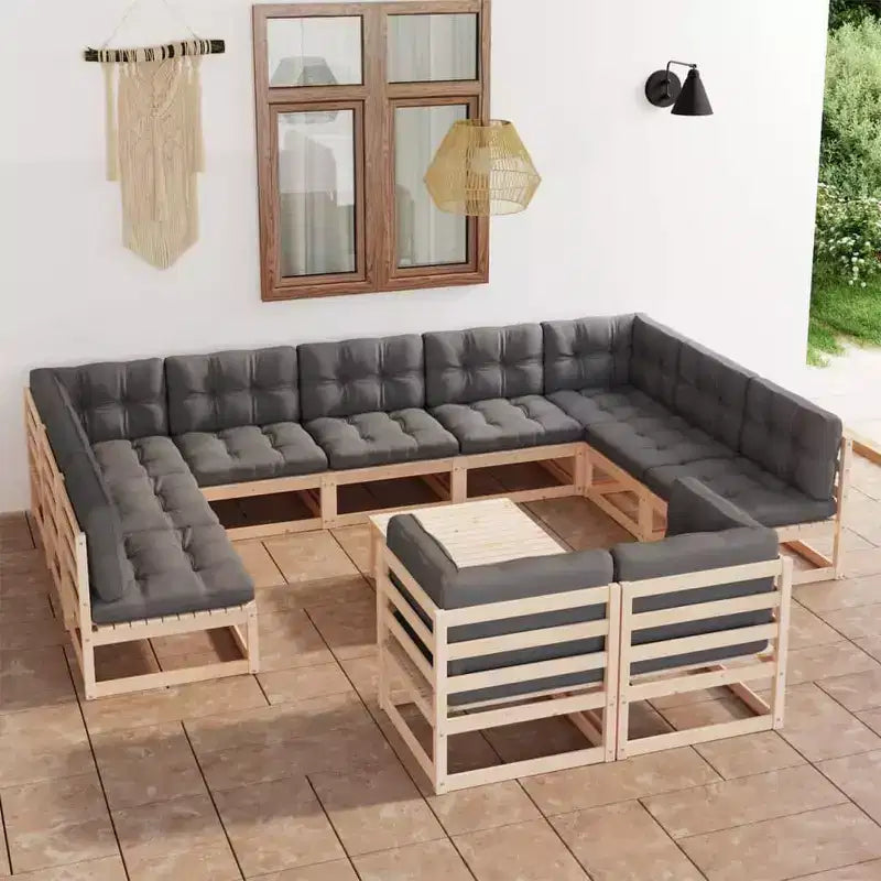 vidaXL Salon de jardin 12 pièces Extérieur Canapé sectionnel Bois de pin massif - Naturel avec coussins