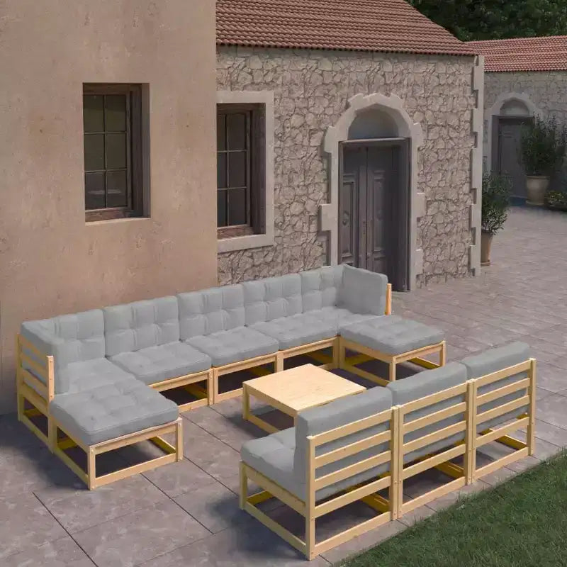 vidaXL Salon de jardin 11 pièces Canapé modulable d'extérieur Bois de pin massif - Naturel avec coussin