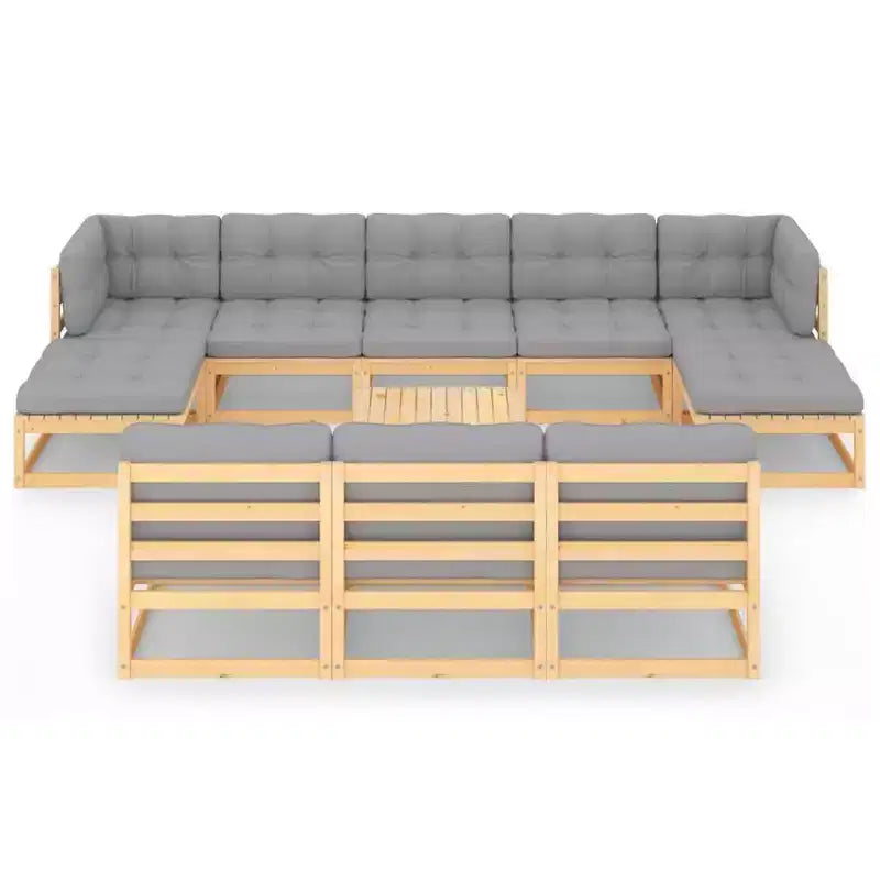 vidaXL Salon de jardin 11 pièces Canapé modulable d'extérieur Bois de pin massif - Naturel avec coussin