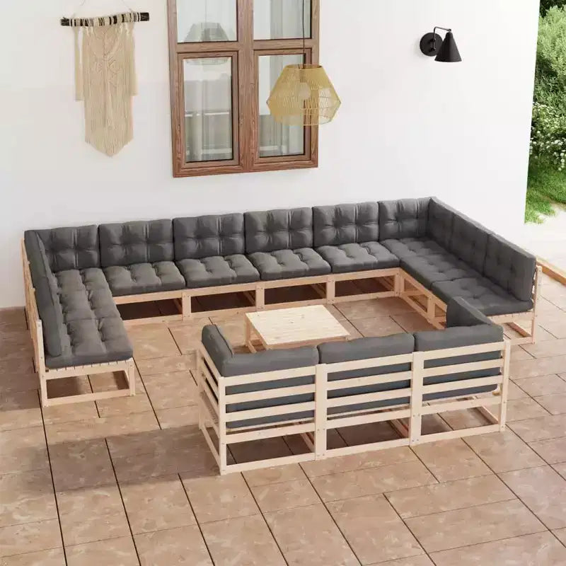 vidaXL Salon de jardin 14 pièces avec coussins, bois de pin massif - Naturel avec coussin