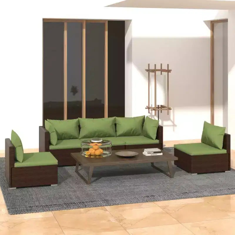 vidaXL Ensemble de salon de jardin en poly rotin marron avec coussins - Canapé d'extérieur modulaire 5 pièces, cadre en acier enduit de poudre, résistant à l'eau