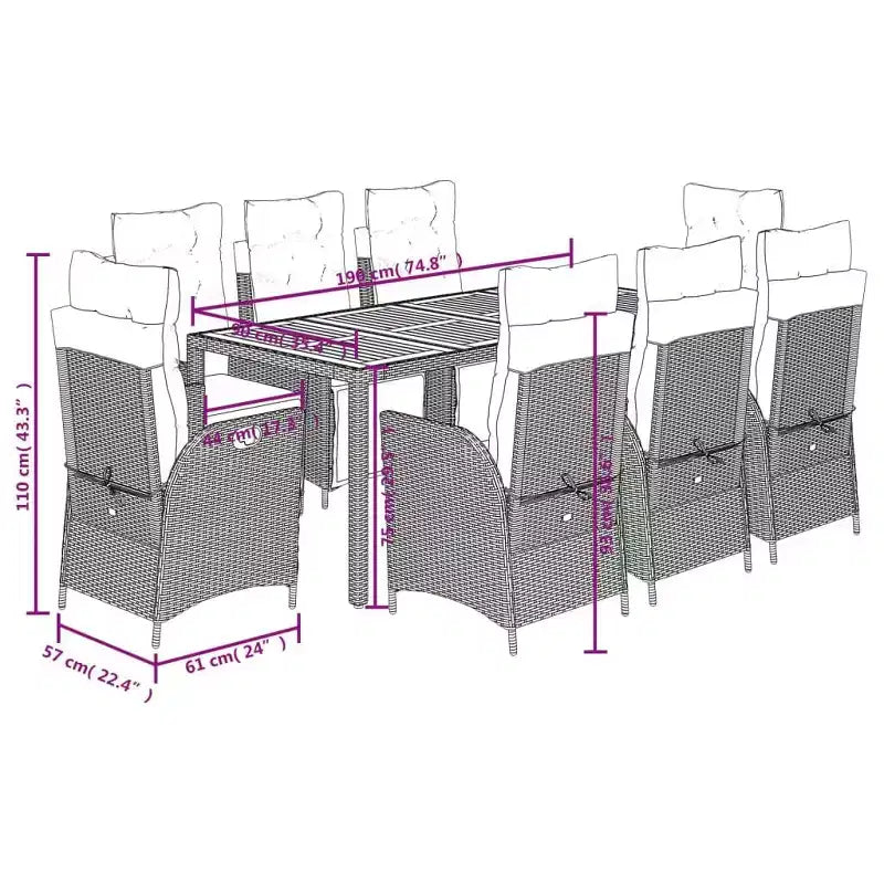 vidaXL Salon de jardin 9 pièces - Sièges rembourrés/Rotin PE et table en bois d'acacia/Chaises inclinables réglables/Gris/Mobilier d'extérieur de jardin