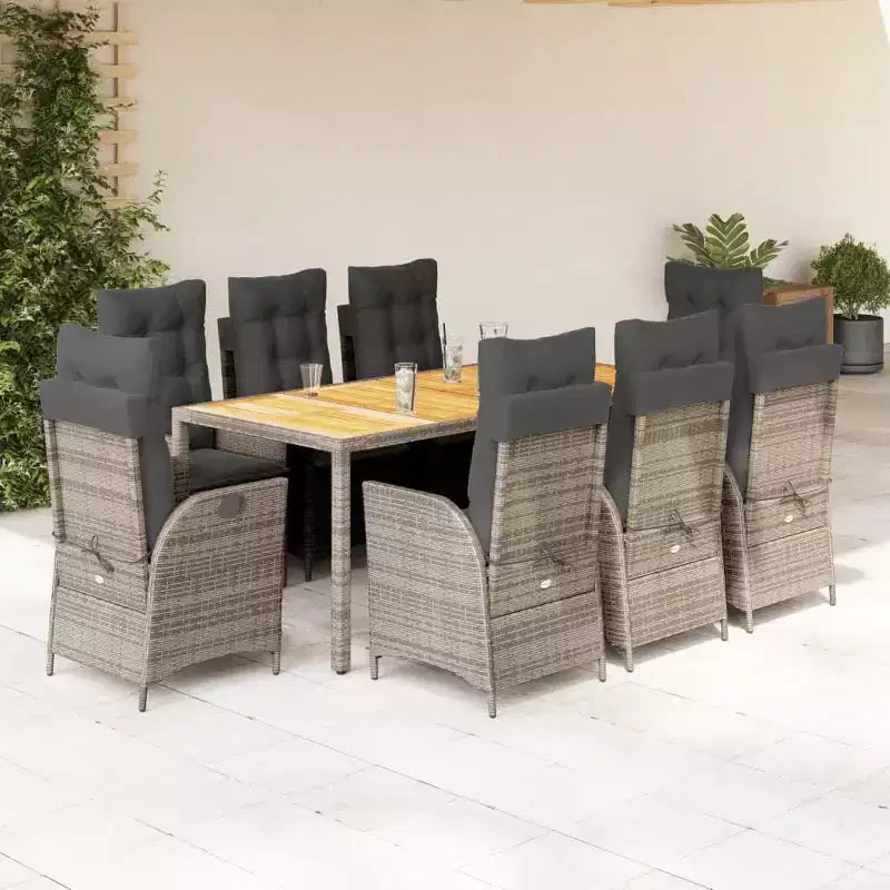 vidaXL Salon de jardin 9 pièces - Sièges rembourrés/Rotin PE et table en bois d'acacia/Chaises inclinables réglables/Gris/Mobilier d'extérieur de jardin