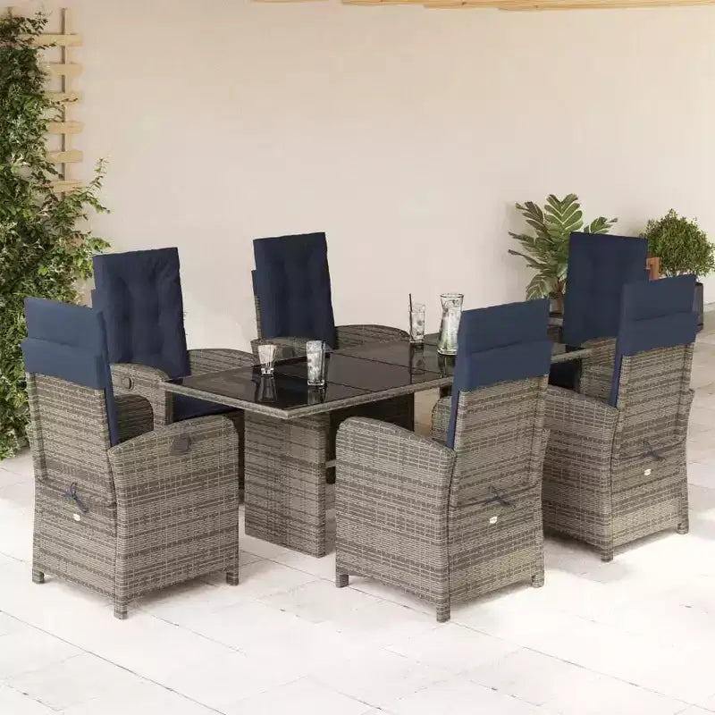 vidaXL Salon de Jardin 7 pièces - Rotin Synthétique Gris avec Coussins Bleu Marine, Chaises Inclinables Ajustables, Table en Verre Trempé pour Jardin/Extérieur