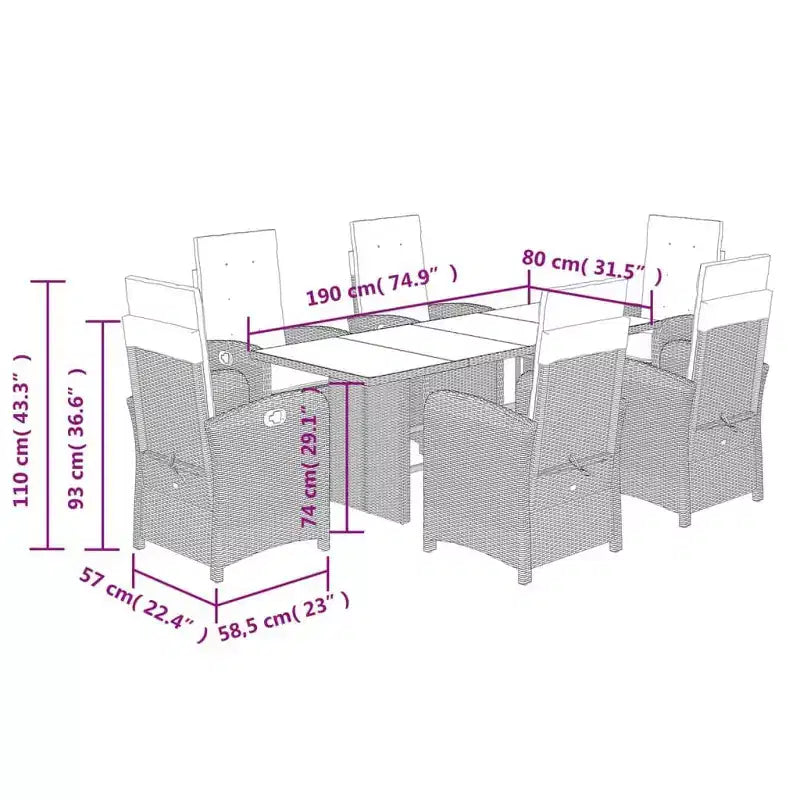 vidaXL Salon de Jardin 7 pièces - Rotin Synthétique Gris avec Coussins Bleu Marine, Chaises Inclinables Ajustables, Table en Verre Trempé pour Jardin/Extérieur
