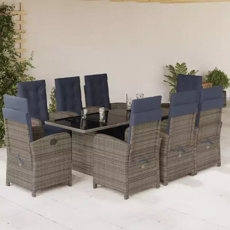 vidaXL Ensemble de salle à manger d'extérieur 9 pièces - Résine tressée gris avec chaises réglables, coussins bleu marine et table en verre trempé