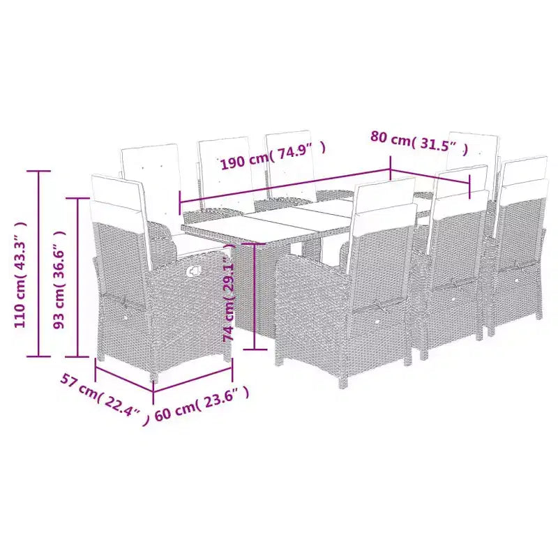 vidaXL Ensemble de salle à manger d'extérieur 9 pièces - Résine tressée gris avec chaises réglables, coussins bleu marine et table en verre trempé