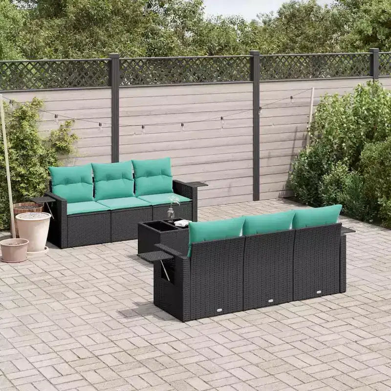 vidaXL Salon de jardin 7 pcs avec coussins, résine tressée noire et bleue