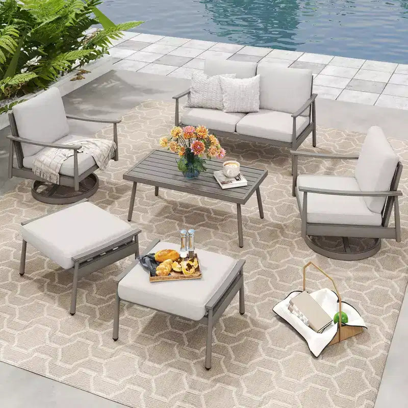 HAPPATIO Ensemble de conversation de jardin 6 pièces en aluminium avec 1 causeuse, table basse, 2 fauteuils pivotants et repose-pieds