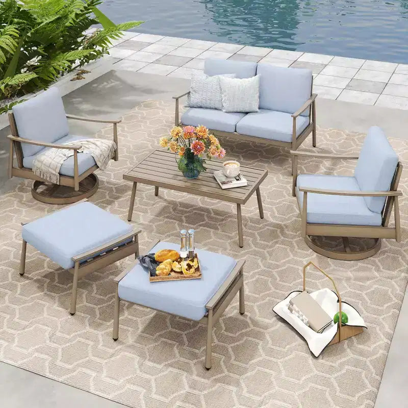 HAPPATIO Ensemble de conversation de jardin 6 pièces en aluminium avec 1 causeuse, table basse, 2 fauteuils pivotants et repose-pieds