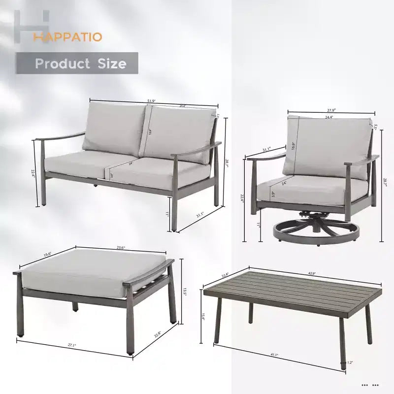HAPPATIO Ensemble de conversation de jardin 6 pièces en aluminium avec 1 causeuse, table basse, 2 fauteuils pivotants et repose-pieds
